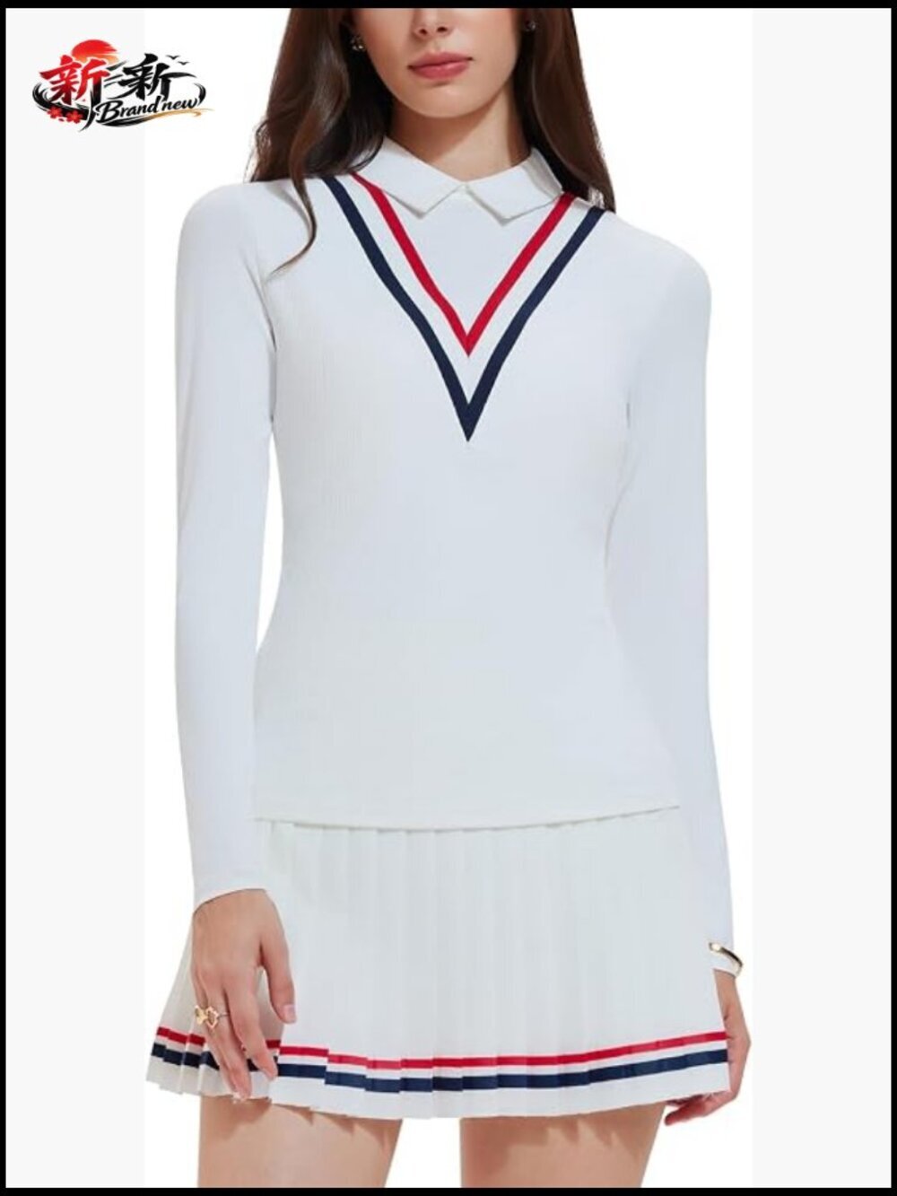 2 Piece Tennis Skirt Set Long Sleeve Polo Top & Pleated Skorts
